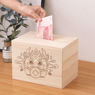1PCS Wooden Piggy Bank Safe Money Box Savings With Lock Wood Carving Handmade / Only-in-No-out 365 D