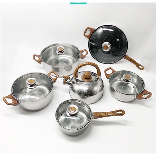 12-piece stainless steel cookware set with detachable wood grain handle with glass lid soup pot wok