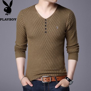 In stock❈☋▥Playboy autumn and winter new men s V-neck sweater Korean Slim knit casual T-shirt youth (7)