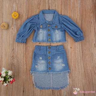 {Authentic}BABYGARDEN-Baby Girl Two- piece Clothes Set, Blue Puff Sleeve Open Front Denim Jacket + I