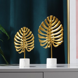 Ready Stock Nordic decor gold iron decorations Monstera Leaf marble base gold iron Ornaments modern Style Centerpiece Bauble Home Decor
