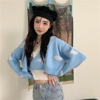 [FITTINGROOM]Korean women fashion long sleeve sexy blue knitted cardigan jacket crop top+ camisole two piece suit (4)