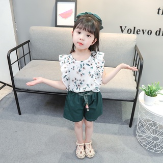 Girls' suits, girls' sleeveless clothes, ruffled style solid color shorts