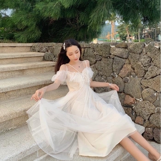 Korean Dress women Seaside beach chic sling mesh summer new white dress (1)