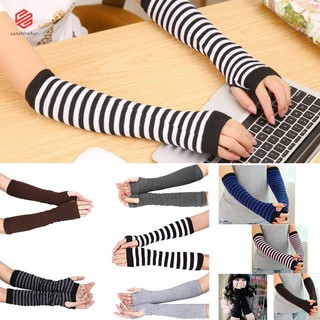 Lady Stretchy Soft Knitted Wrist Arm Warmer Long Sleeve Fingerless Gloves Striped