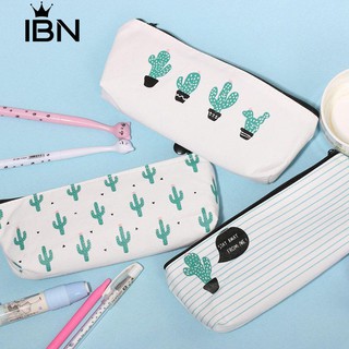 School Supply Stationery Pencil Case Canvas Green Cactus Print Cosmetic