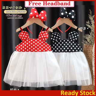 0-3 Years Baby Girl Dress Mickey Minnie Mouse Dress for Baby Disney Fashion Polka Dot New Born Dress and Headband 2Pcs Clothes Set Birthday Party Dress for Baby Girl