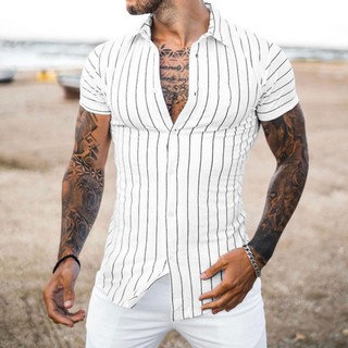 Men Spring Summer Casual Slim Striped Short Sleeve Beach Shirts Top Blouse Summer Mens Casual Beach