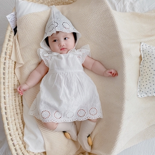 Newborn Baby Girl White Lace Cotton Fly Sleeve Princess Dress + Hat Set Toddler Infant Girl Summer Romper Skirt Baptism Clothes