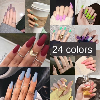 【With Glue】24Pcs Solid Color Fake Nails Frosted Long Acrylic Nails Wear Ballerina Fake Nails with Glue Waterproof Nail Art Design Full Cover Artificial Nails