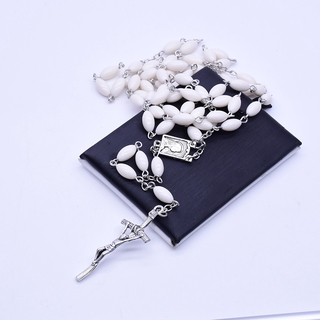 White Acrylic Rice Beads Rosary Necklace Catholic Handmade Curved Needle Cross Necklace Religious Jewelry Rosary