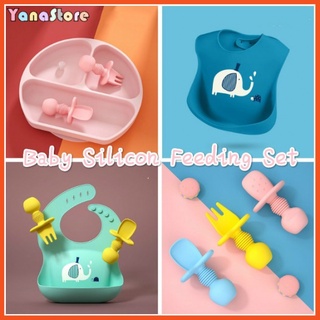 Baby Silicone Spoon and Fork Set 100% Food Grade BPA Free Chewtensils Baby Grinding Bar Silicon Bib Silicon Plate Baby Dining Set Baby Feeding Set