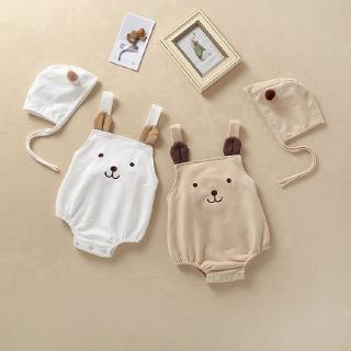 ✨READY STOCK⭐ NEW Baby Girls Clothes Summer Sunsuit 3D Bear Color Block Cotton Print Rompers+Hat Set Infant Outfit Girls Jumpsuit Clothes