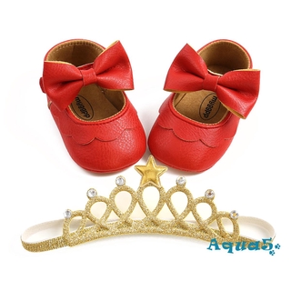 AQQ-Baby Baptism Shoes and Headband Set, Cute Bowknot Mary Jane Flats and Crown Hairband for Infant Girls