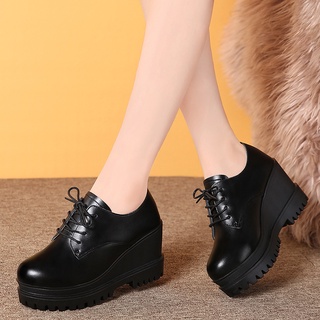 2020 Fashion Women Genuine Leather Wedges Casual Shoes Lace Up Platform Black Women Shoes Round Toe