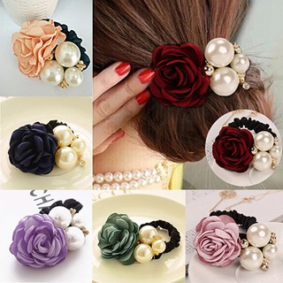 Lady Girl Chic Sweet Rose Flower Faux Pearls Hairband Ponytail Holder Hair Band
