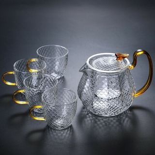 Hammer Pattern Glass Tea Pot Kettle Set Infuser Teapot 20oz with 4 Tea Cups 5oz