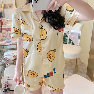 QQS 2020 pajamas female summer ice silk thin short-sleeved Korean students cute little yellow duck