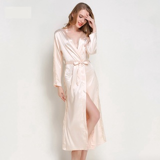 【Ready Stock】℡Long Robe Sexy Silk Satin Bathrobe Lace Sleepwear Nightwear