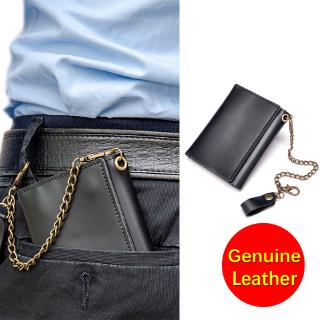 Men Short Wallet Genuine Leather RFID Chain Card Coin Purse