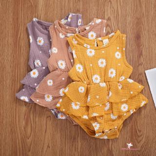 ❤XZQ-0-24 Months Newborn Sleeveless Romper, Daisy Print Classic Round Neck Ruffle Double Lace Summer Clothing (1)