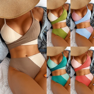 Women Swimsuit Splice Color Cross Bandage Two Piece Bikini Swimwear