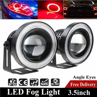 2X 3.5" inch 2400Lm 89mm Round LED COB Projector Fog Light Lamp Bulbs with Red Angel Eyes Halo Ring DRL Daytime Car Auto 12V