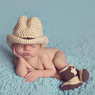 Newborn Photography Props Baby Infant Crochet Knit Cowboy Costume Hat Photo Props Baby Cap + Shoes