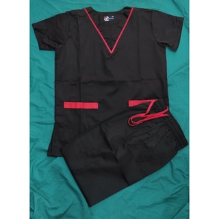 SCRUB SUIT COTTON BLACK WITH RED PIPING LACOSTE COTTON SET W/PANTS