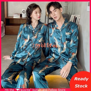 Women Men Baju Tidur Unisex Couple Pajamas Nightwear Sexy Satin Silk Long Sleeve Sleepwear