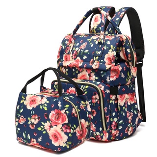 AUGUR Blue Floral Fabric Notebook Backpack Portable Waterproof Mother Baby Bag Insulation Meal Bag