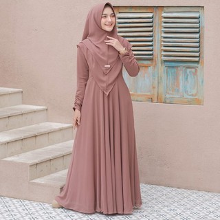 Multicolor Plain Moscrepe Mayra Syari Muslim Maxi Dress Set with Hijab Veil for Women