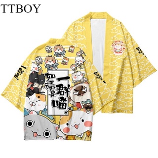 2022 Fashion Cartoon Cat Japanese Beach Women Men Kimono Cardigan Streetwear Harajuku Cosplay Haori
