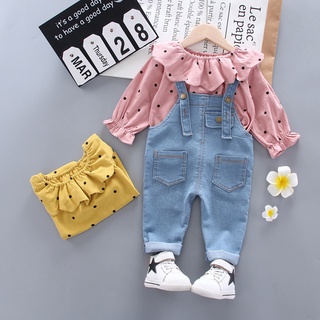 Baby girl clothes autumn denim overalls set girls polka dot lace shirt girl clothes fashion denim