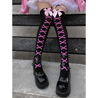 socksGirls Bone Bow Socks Streetwear Long JK Socks Girls Black Sweet Cute Pink Harajuku Lolita Knee