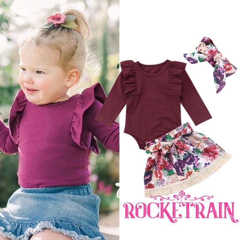 ONP-Toddler Baby Girls Floral Tops Romper Skirts Headband