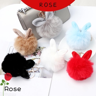 ROSE Fashion Key Chain PomPom Fur Ball Rabbit Ear Artificial Cute Bag Key ring Car Decoration Rings Pendant/Multicolor
