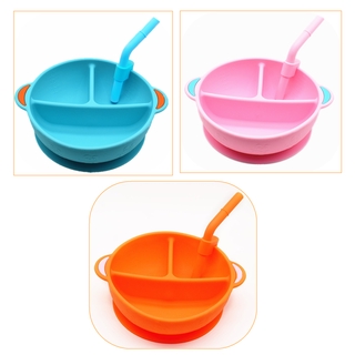 [New Product] Baby Silicone Divided Dinner Plate, Eating Suction Bowl, Cute Cartoon Pattern, Straw Kid's Bowl