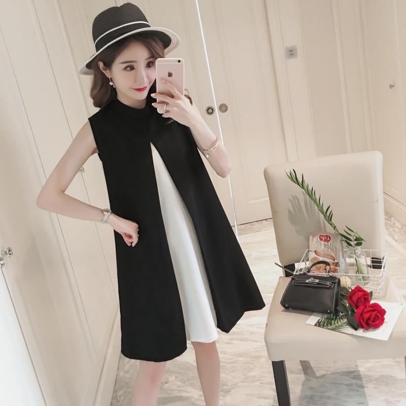 A-Line Maternity Dress Sleeveless Loose Pregnant WomenBlack and White Splice Dress