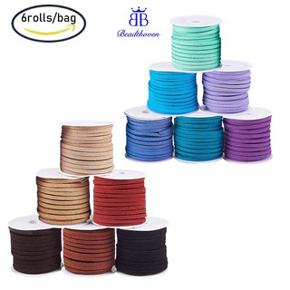 6 Rolls 3x1.5mm Micro Fibre Faux Suede Flat Cord Leather Lace Velvet Beading String Rope with Spool for Necklace Jewelry making DIY