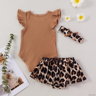 BBWORLD 3pcs/set Baby Cute Striped Flying Sleeve Romper+Leopard Print Shorts Skirt+Headband Set