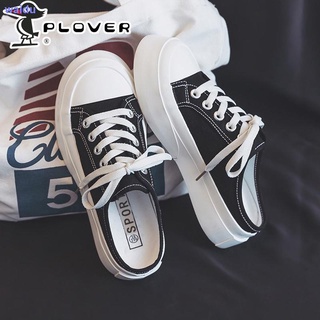 PLOVER Woodpecker big head half drag canvas shoes female students Korean version of the thick-soled white shoes 2021 new