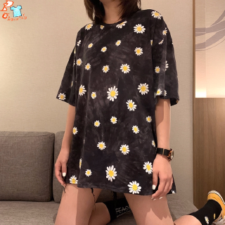 Korean Trendy Tie-dye Daisy Print T-shirt Loose Short Sleeve Casual Blouse Couple tops (1)