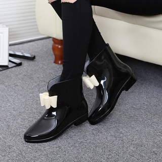 Women Flower Bowtie Ankle Boot Winter Rain Boots Female Waterproof Solid Rubber Platform Rain Shoes