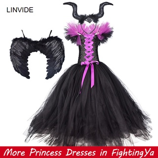 \12304; COD+READYHalloween Costume Maleficent Evil Queen Girls Tutu Dress Tulle Headband Children Carnival Party Needs Terno Dress For Kids Girl Clothes Witch Cosplay Puff Dress Headdress Wings Outfit 21829