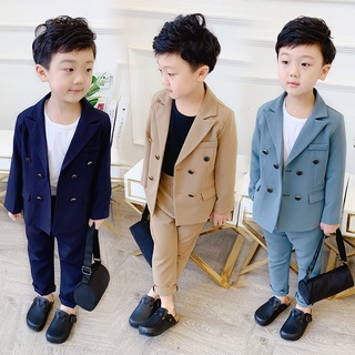 Spring Autumn Boys Double Breasted Suit Set Children Fashion Blazer + Pants 2pcs Outfit Kids Party