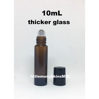 10mL Amber Thick & Tall Glass Metal Roller Black Plastic Cap