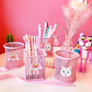 Pink girl cute pen holder desktop storage grid pen holder office supplies student stationery storage tube (1)