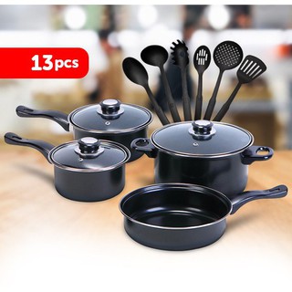 13 Pieces Kitchenware Cooking Set Pots and Pans Kitchen Cookware Utensils with Glass Lids