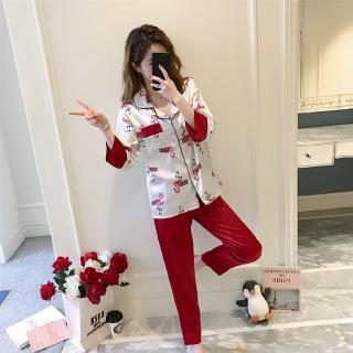 【READY STOCK】Silk like pajamas Red Flamingo girl Japanese and Korean Lapel cardigan thin new style (3)